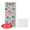 Packaging of candy cane and holly leaf designs with twist ties included on a white background.