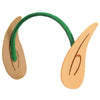 Wooden toy with green string and beige ears on a white background