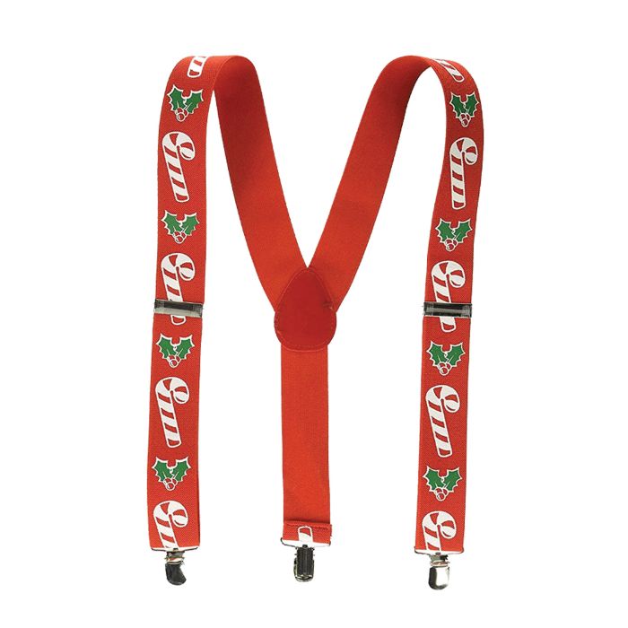 Red suspenders with candy cane and holly design on a white background