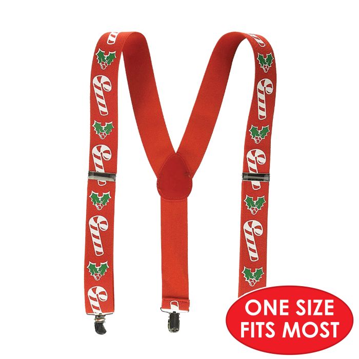 Red suspenders with candy cane and holly design on a white background