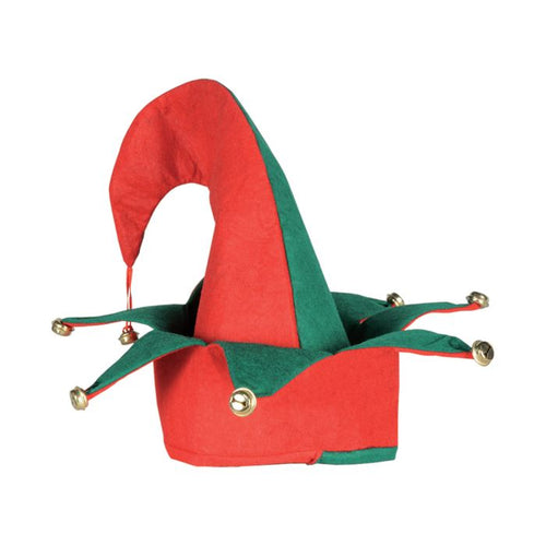 Red and green elf hat with jingle bells on a white background