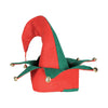 Red and green elf hat with jingle bells on a white background