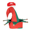 Red and green elf hat with bells on a white background