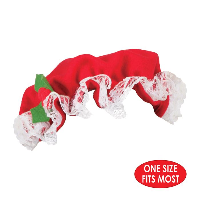 Red pet collar with lace and a green bow on a white background
