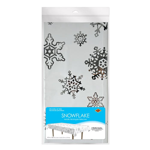 Packaged snowflake tablecloth with decorative snowflakes on a white background