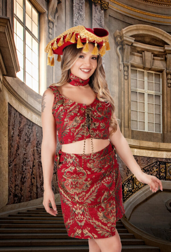 2339 – Pirate red damask 3 pc set..includes choker, top, skirt
