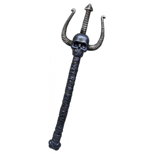 A black metal trident with a skull at the top and twisted, horn-like prongs, shown against a plain white background.