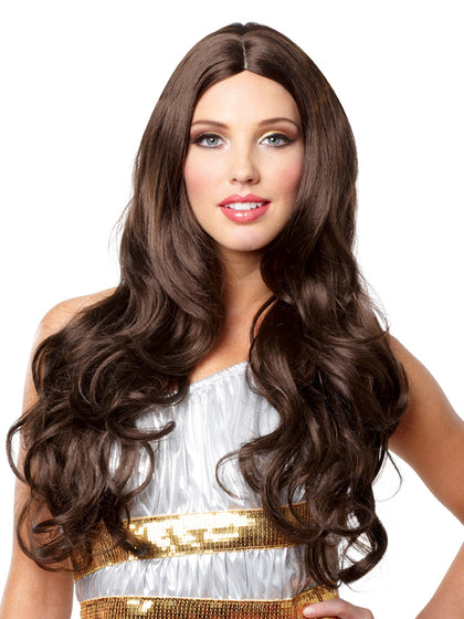 Woman wearing a long brown wig on a white background