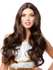 Woman wearing a long brown wig on a white background