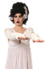 Person in a white dress with bandaged arms and a black wig on a white background