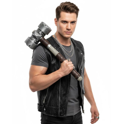 A man wearing a black leather vest over a dark gray t-shirt, holding a large toy hammer prop, against a solid white background.