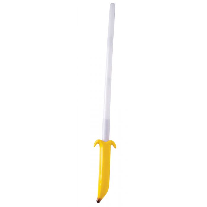 A novelty toy sword shaped like a banana, featuring a white plastic blade and a bright yellow handle designed to look like a peeled banana, shown against a plain white background.