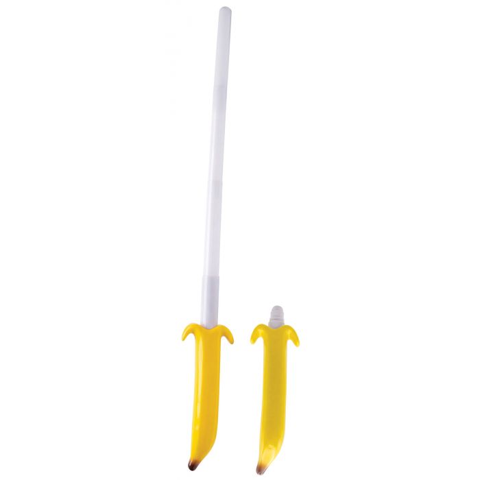 Two novelty toy swords shaped like bananas, with yellow peel-like handles and white handles, shown on a plain white background.