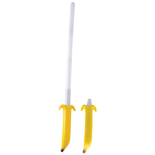 Two novelty toy swords shaped like bananas, with yellow peel-like handles and white handles, shown on a plain white background.