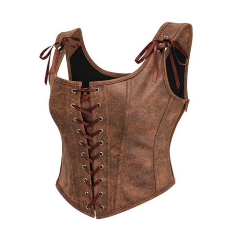 Pleather Front Lace Corset | Dark Brown