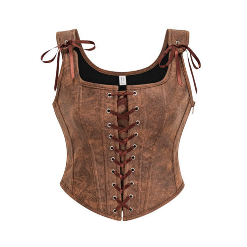 Pleather Front Lace Corset | Dark Brown