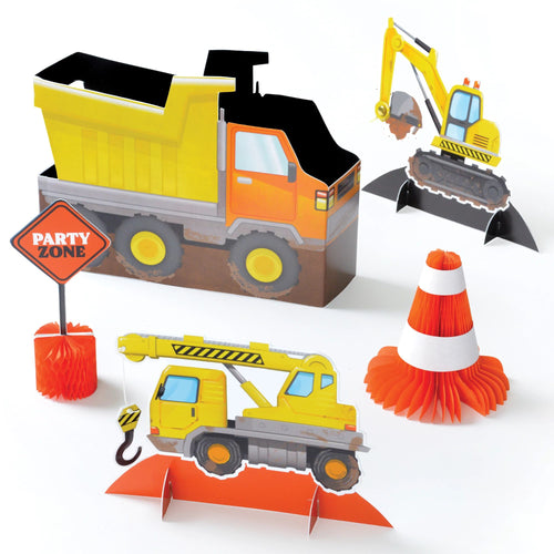 Construction-themed party decorations including a dump truck, crane, and excavator with traffic cones and a 'Party Zone' sign on a white background.
