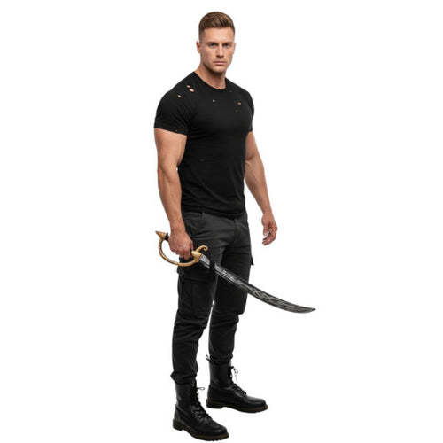 A muscular man modeling a black short-sleeve t-shirt with distressed details, black cargo pants, and black combat boots while holding a pirate-style sword against a solid white background.