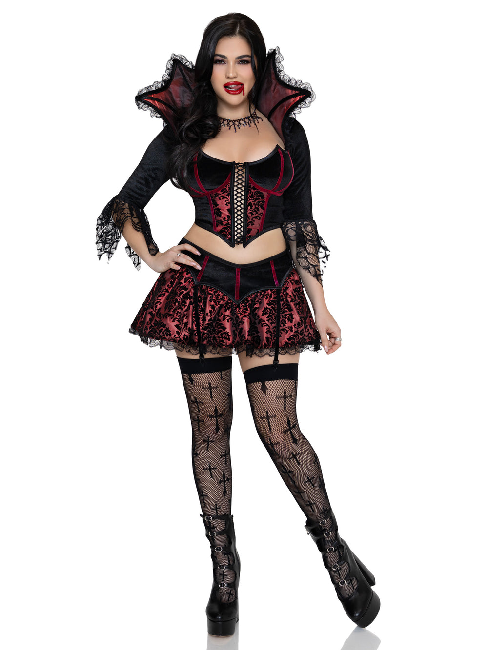 Woman wearing a black and red Halloween costume on a white background