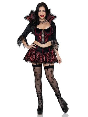 Woman wearing a black and red Halloween costume on a white background
