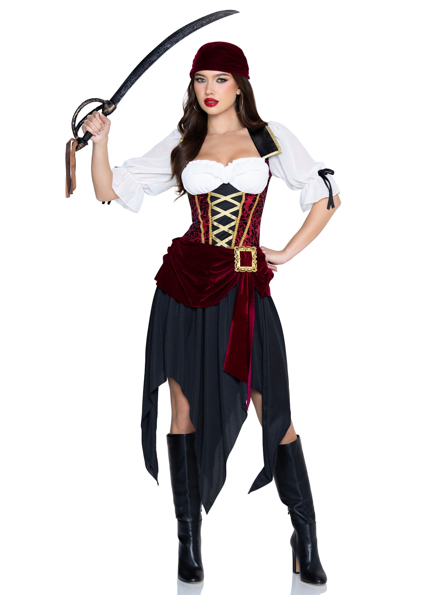 2 PC Pirate Beauty Costume, Includes Dress with Brocade Waist and Chiffon Sleeves, Attached Velvet Sash with Buckle Detail, and Matching Head Scarf.

