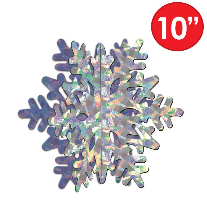 Decorative snowflake ornament with holographic effect and '10"' label on a white background