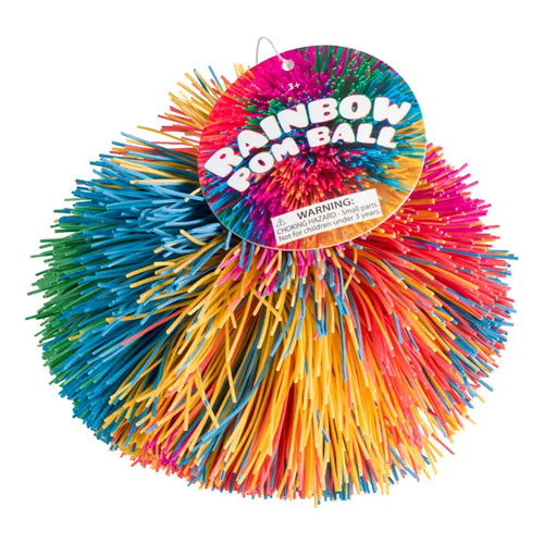 Colorful spiky ball with a 'Rainbow Fom Ball' label on a white background