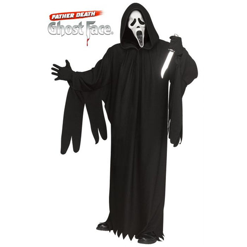 Black Halloween costume with ghost face mask on a white background