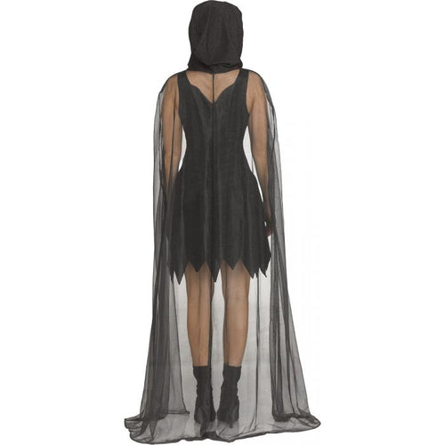 A model shown from the back wearing a black hooded dress with sheer black cape sleeves and a jagged hemline, set against a plain white background.