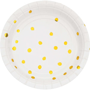 White with Metallic Gold Polka Dots 7in Plate 8ct