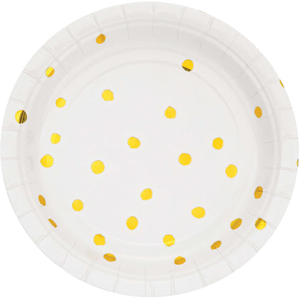 White with Metallic Gold Polka Dots 7in Plate 8ct