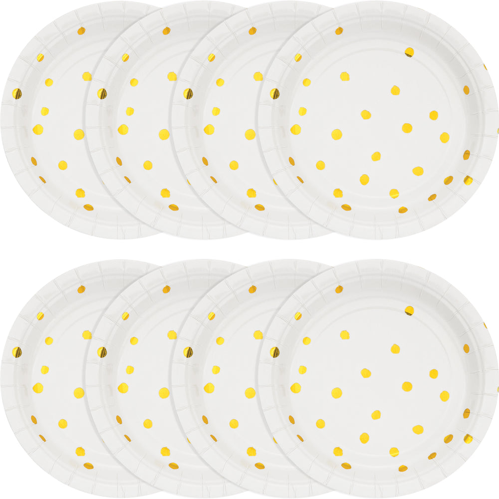 White with Metallic Gold Polka Dots 7in Plate 8ct