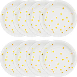 White with Metallic Gold Polka Dots 7in Plate 8ct