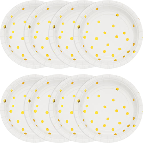 White with Metallic Gold Polka Dots 7in Plate 8ct