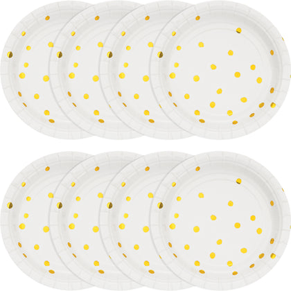 White with Metallic Gold Polka Dots 7in Plate 8ct