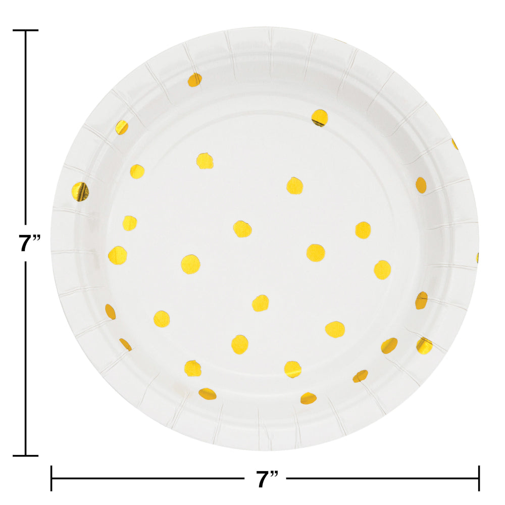 White with Metallic Gold Polka Dots 7in Plate 8ct