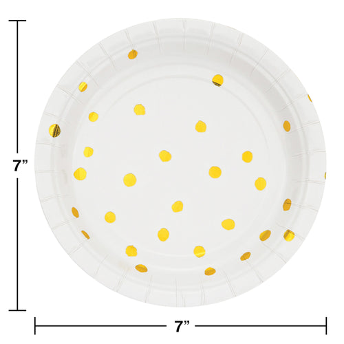 White with Metallic Gold Polka Dots 7in Plate 8ct