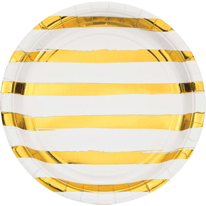 White with Metallic Gold Stripes 9in Plates 8ct