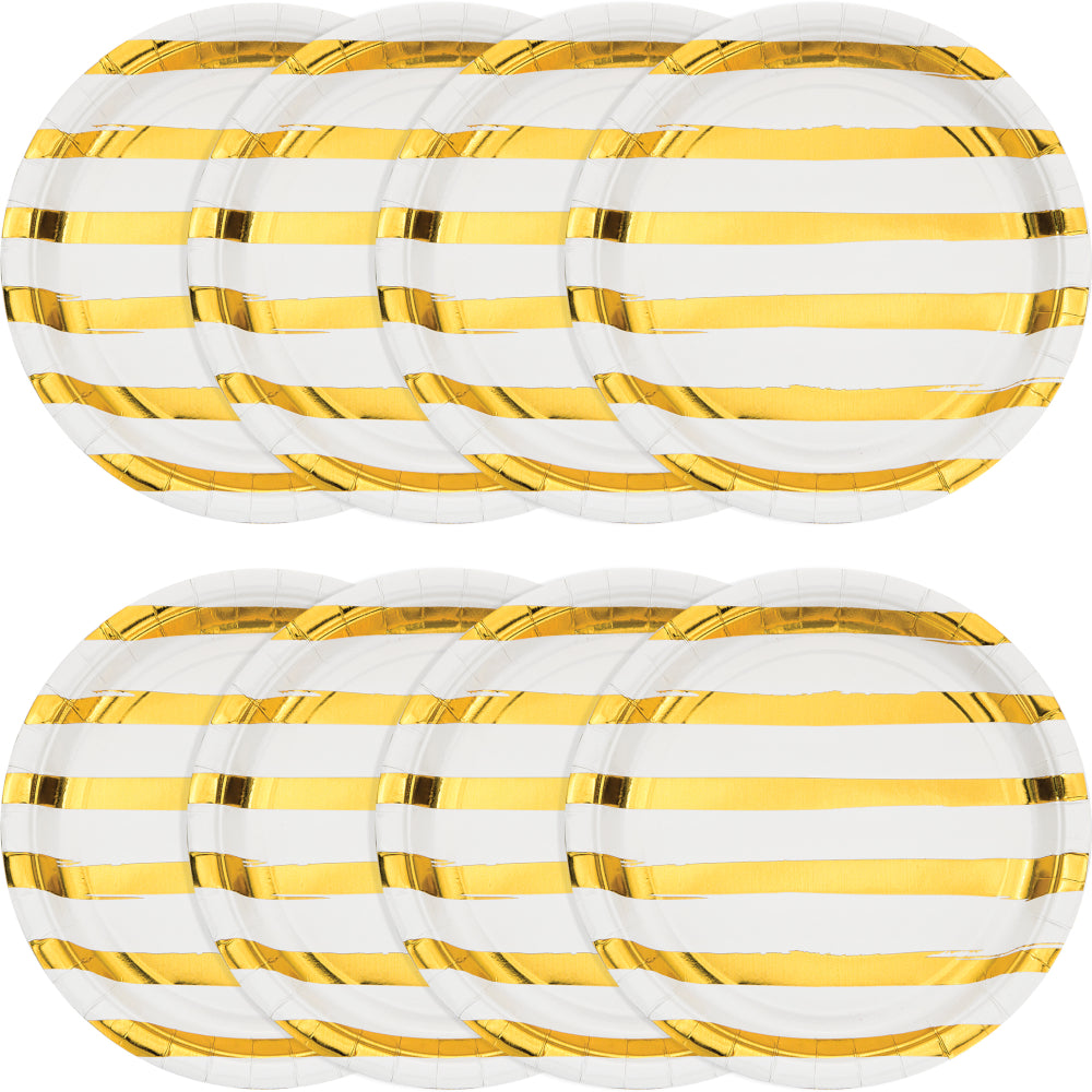 White with Metallic Gold Stripes 9in Plates 8ct