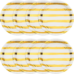 White with Metallic Gold Stripes 9in Plates 8ct