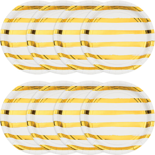 White with Metallic Gold Stripes 9in Plates 8ct