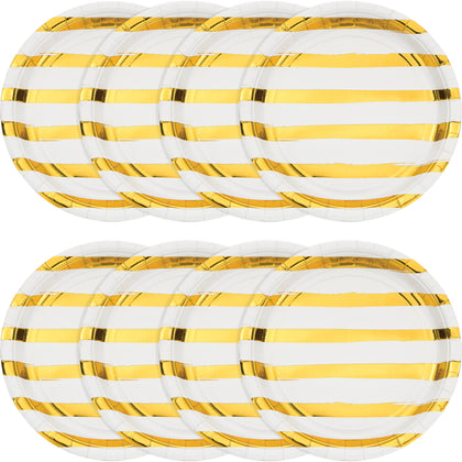 White with Metallic Gold Stripes 9in Plates 8ct