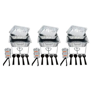 Set of disposable aluminum food containers with lids, spoons, and forks on a white background