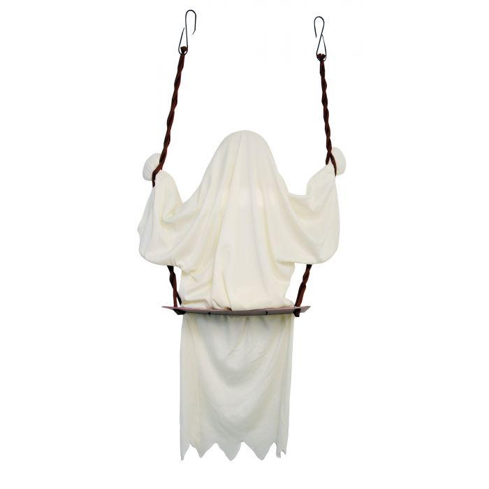 A ghostly swing Halloween decoration featuring a white draped figure hanging from dark brown braided ropes with metal hooks, set against a plain white background.