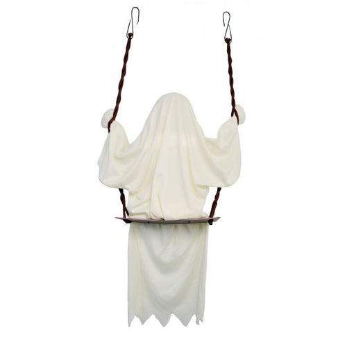 A ghostly swing Halloween decoration featuring a white draped figure hanging from dark brown braided ropes with metal hooks, set against a plain white background.