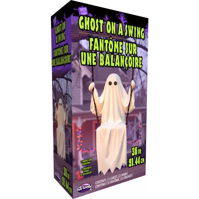 Boxed product for a Halloween decoration called 'Ghost on a Swing' shown in French, featuring a white ghost figure on a swing set against a purple haunted-house background on the packaging.