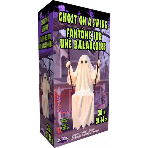 Boxed product for a Halloween decoration called 'Ghost on a Swing' shown in French, featuring a white ghost figure on a swing set against a purple haunted-house background on the packaging.
