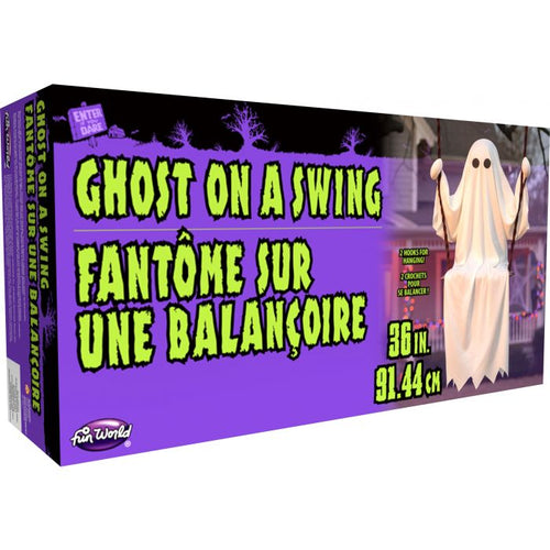 A boxed Halloween decoration product labeled 'Ghost on a Swing' with French text, shown at an angle on a plain white background. The package features a purple front panel, large neon-green title text, a ghost figure on the right, and the Fun World logo at the bottom left.