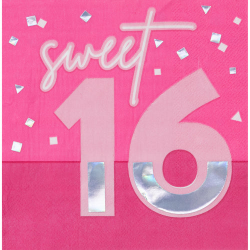 16th Party Time Pink Foil Lunch Napkins 16ct