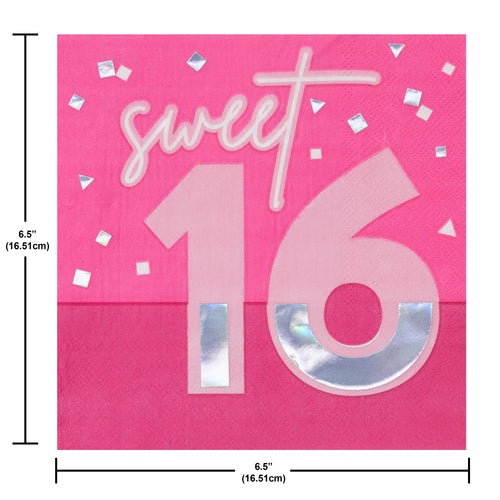 16th Party Time Pink Foil Lunch Napkins 16ct